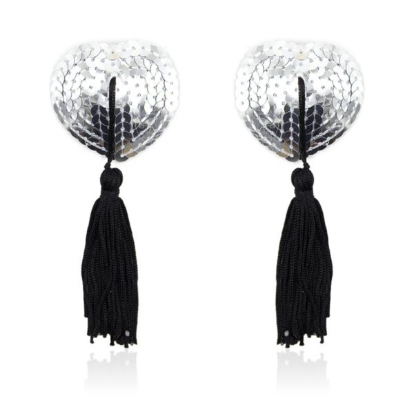 Self-Adhesive Heart Sequin Nipple Cover with Tassel Silver/Black